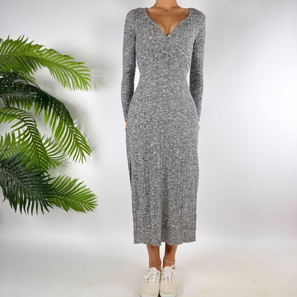 Womens Vintage Gray Bodycon Classy Casual Long Sleeve Knit Maxi Dress / Small - Picture 3 of 6